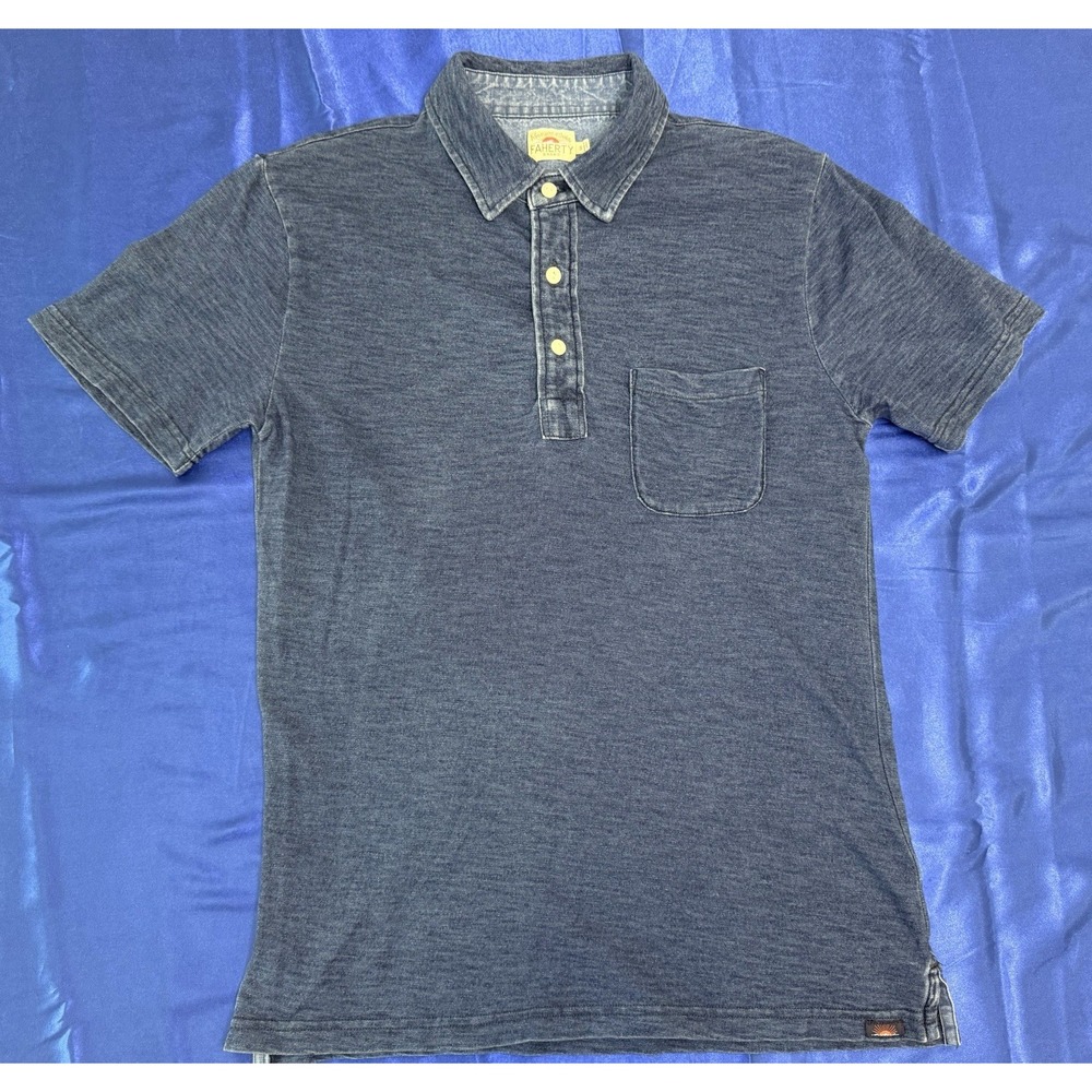 Faherty Small Polo Short Sleeve Shirt Men's Blue Washed Indigo Dye - Denim Look